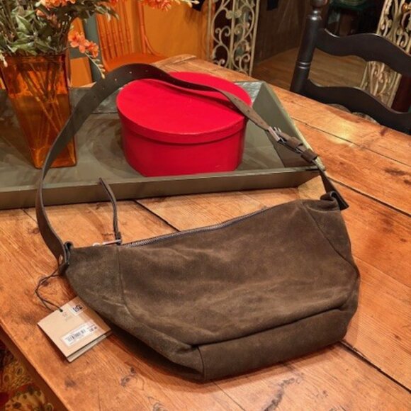 AllSaints Madea Slouch Suede Shoulder Bag ~ Olive Green ~ NEW WITH TAGS - Picture 9 of 9